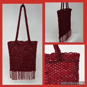 Vintage Glass Beaded  Knit Purse Flapper Hand Bag Cranberry/Ruby Red Hand Made